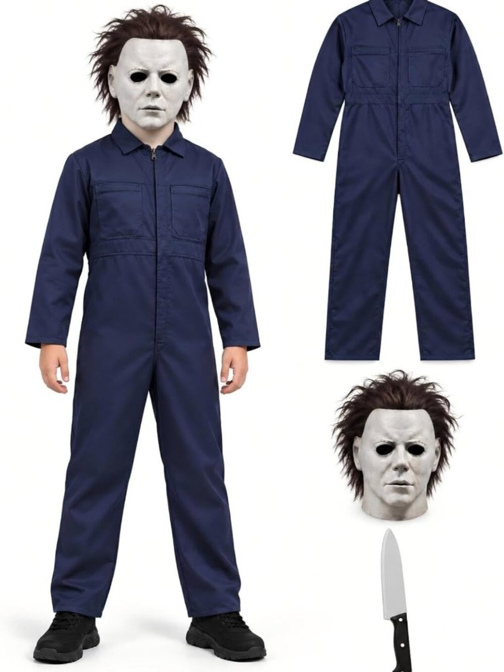 Kids Blue Halloween Jumpsuit Costume with Mask & Knife Accessory - Fun Outfit